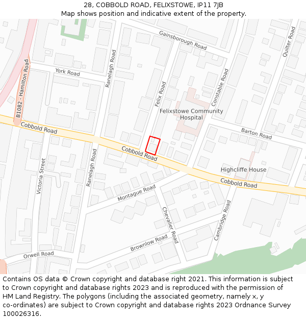 28, COBBOLD ROAD, FELIXSTOWE, IP11 7JB: Location map and indicative extent of plot