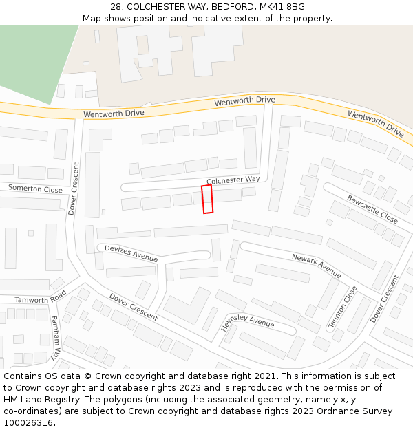 28, COLCHESTER WAY, BEDFORD, MK41 8BG: Location map and indicative extent of plot