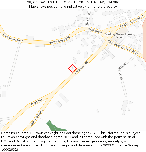 28, COLDWELLS HILL, HOLYWELL GREEN, HALIFAX, HX4 9PG: Location map and indicative extent of plot