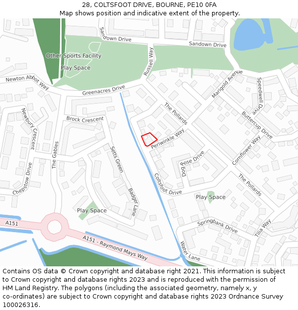 28, COLTSFOOT DRIVE, BOURNE, PE10 0FA: Location map and indicative extent of plot