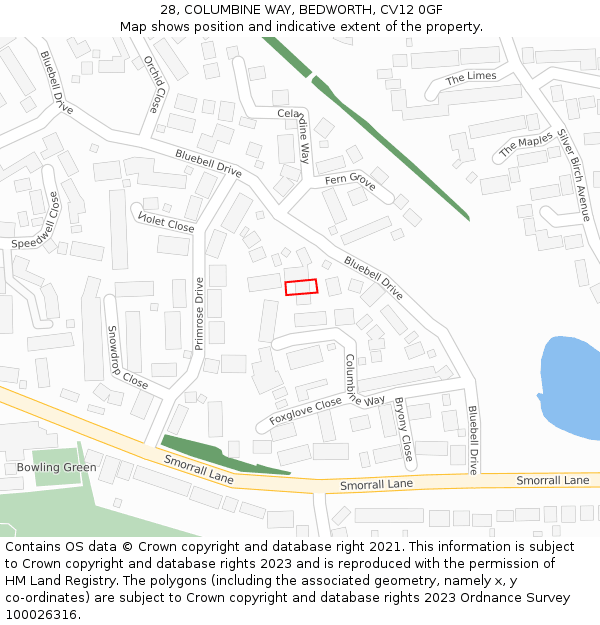 28, COLUMBINE WAY, BEDWORTH, CV12 0GF: Location map and indicative extent of plot