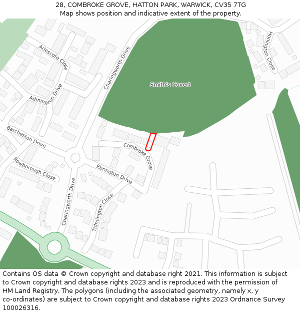 28, COMBROKE GROVE, HATTON PARK, WARWICK, CV35 7TG: Location map and indicative extent of plot