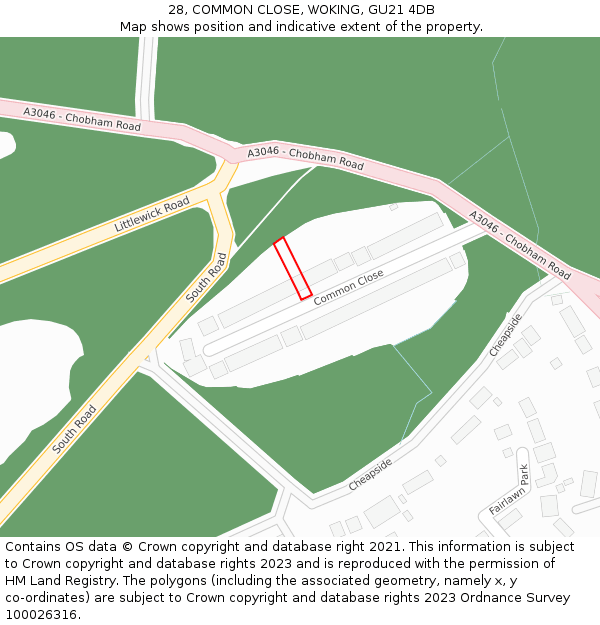 28, COMMON CLOSE, WOKING, GU21 4DB: Location map and indicative extent of plot