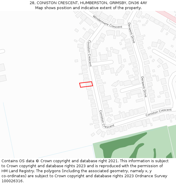 28, CONISTON CRESCENT, HUMBERSTON, GRIMSBY, DN36 4AY: Location map and indicative extent of plot