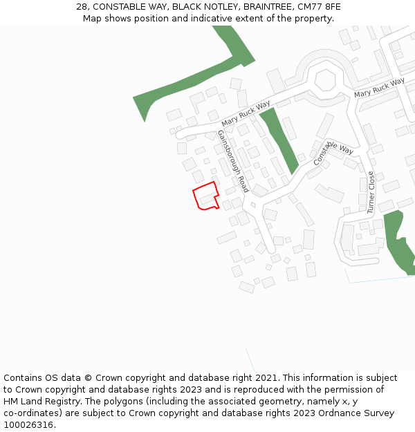 28, CONSTABLE WAY, BLACK NOTLEY, BRAINTREE, CM77 8FE: Location map and indicative extent of plot