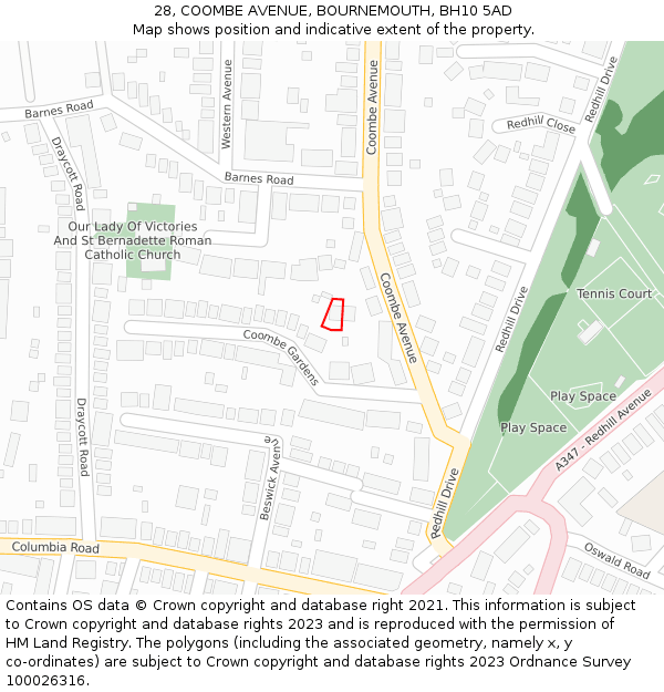 28, COOMBE AVENUE, BOURNEMOUTH, BH10 5AD: Location map and indicative extent of plot