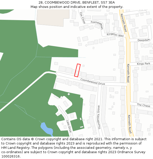 28, COOMBEWOOD DRIVE, BENFLEET, SS7 3EA: Location map and indicative extent of plot