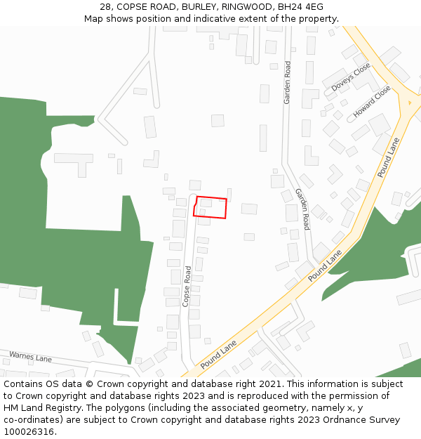 28, COPSE ROAD, BURLEY, RINGWOOD, BH24 4EG: Location map and indicative extent of plot