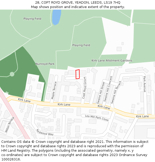 28, COPT ROYD GROVE, YEADON, LEEDS, LS19 7HQ: Location map and indicative extent of plot