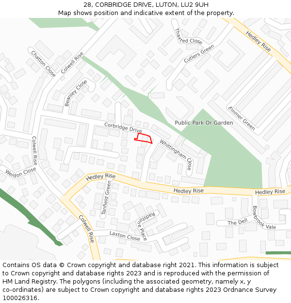 28, CORBRIDGE DRIVE, LUTON, LU2 9UH: Location map and indicative extent of plot