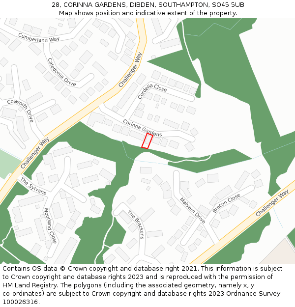 28, CORINNA GARDENS, DIBDEN, SOUTHAMPTON, SO45 5UB: Location map and indicative extent of plot