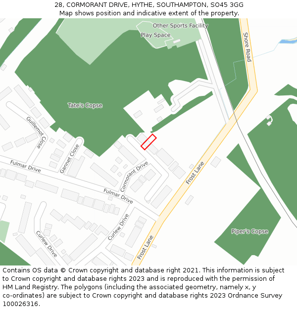 28, CORMORANT DRIVE, HYTHE, SOUTHAMPTON, SO45 3GG: Location map and indicative extent of plot