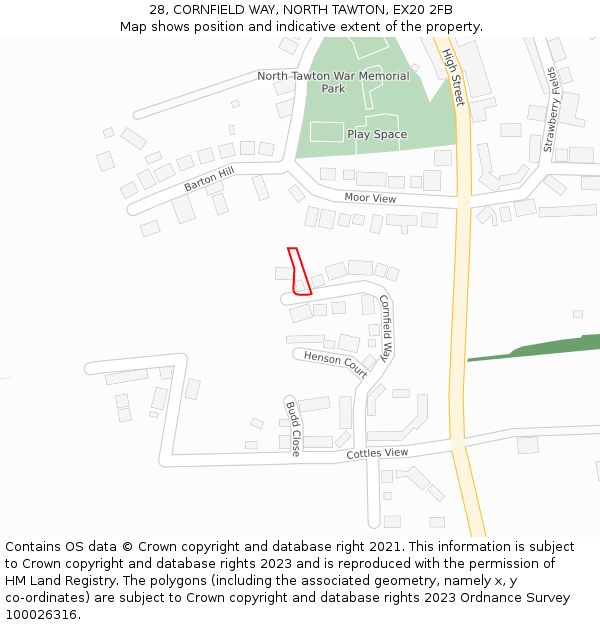 28, CORNFIELD WAY, NORTH TAWTON, EX20 2FB: Location map and indicative extent of plot