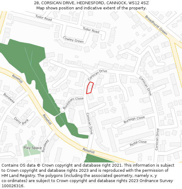 28, CORSICAN DRIVE, HEDNESFORD, CANNOCK, WS12 4SZ: Location map and indicative extent of plot