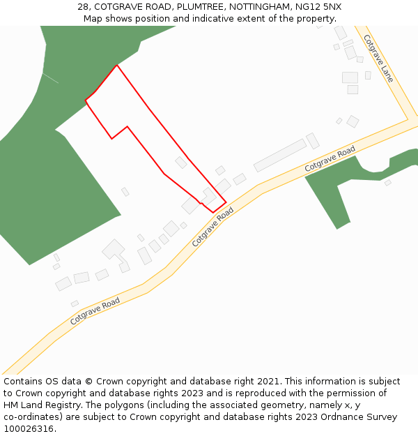 28, COTGRAVE ROAD, PLUMTREE, NOTTINGHAM, NG12 5NX: Location map and indicative extent of plot