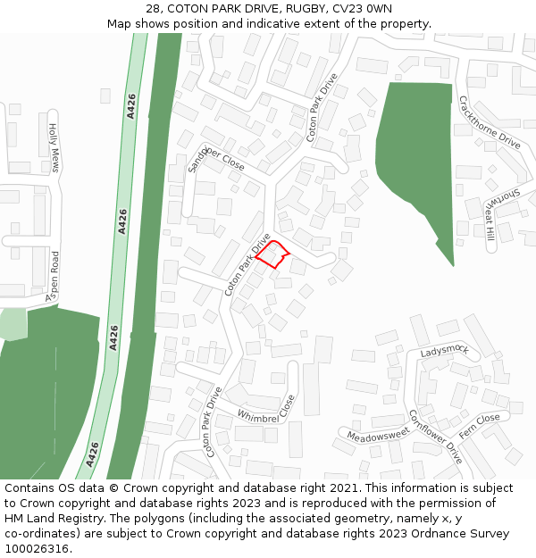 28, COTON PARK DRIVE, RUGBY, CV23 0WN: Location map and indicative extent of plot