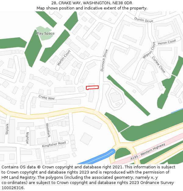 28, CRAKE WAY, WASHINGTON, NE38 0DR: Location map and indicative extent of plot