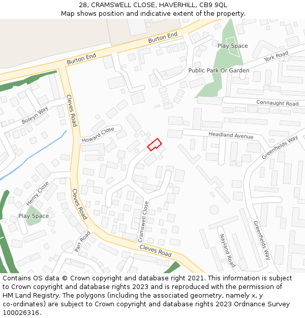 28, CRAMSWELL CLOSE, HAVERHILL, CB9 9QL: Location map and indicative extent of plot