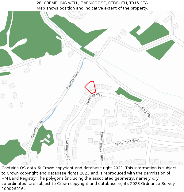 28, CREMBLING WELL, BARNCOOSE, REDRUTH, TR15 3EA: Location map and indicative extent of plot