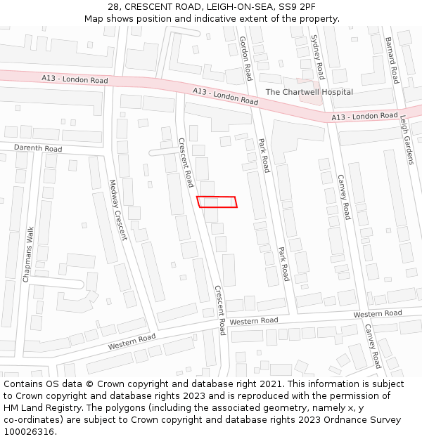 28, CRESCENT ROAD, LEIGH-ON-SEA, SS9 2PF: Location map and indicative extent of plot