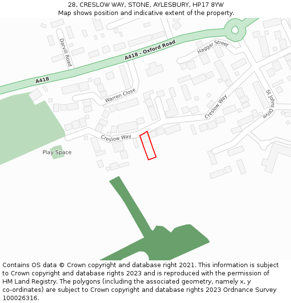 28, CRESLOW WAY, STONE, AYLESBURY, HP17 8YW: Location map and indicative extent of plot