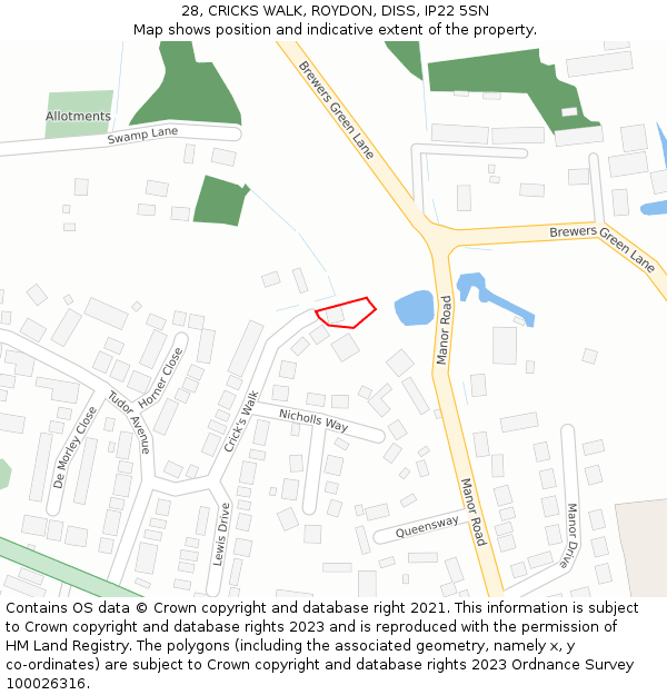 28, CRICKS WALK, ROYDON, DISS, IP22 5SN: Location map and indicative extent of plot