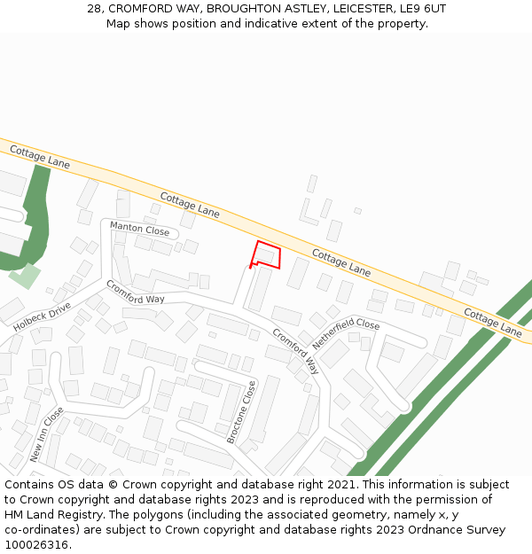 28, CROMFORD WAY, BROUGHTON ASTLEY, LEICESTER, LE9 6UT: Location map and indicative extent of plot