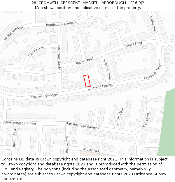 28, CROMWELL CRESCENT, MARKET HARBOROUGH, LE16 9JP: Location map and indicative extent of plot