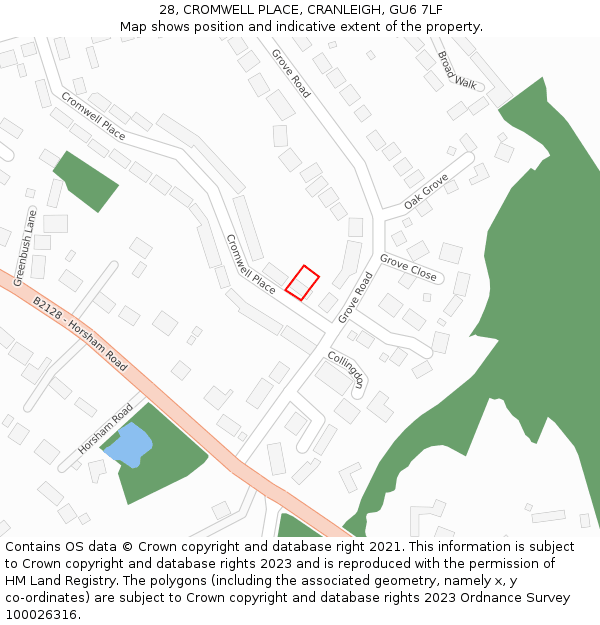 28, CROMWELL PLACE, CRANLEIGH, GU6 7LF: Location map and indicative extent of plot