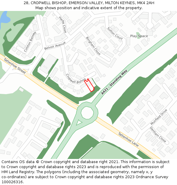 28, CROPWELL BISHOP, EMERSON VALLEY, MILTON KEYNES, MK4 2AH: Location map and indicative extent of plot