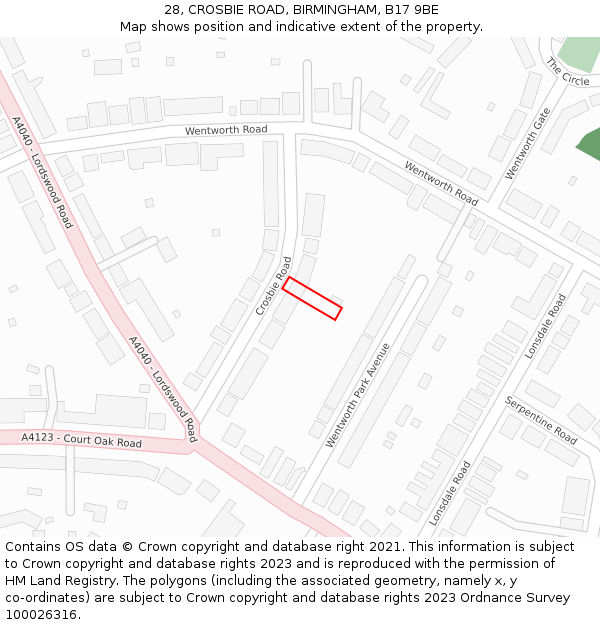 28, CROSBIE ROAD, BIRMINGHAM, B17 9BE: Location map and indicative extent of plot