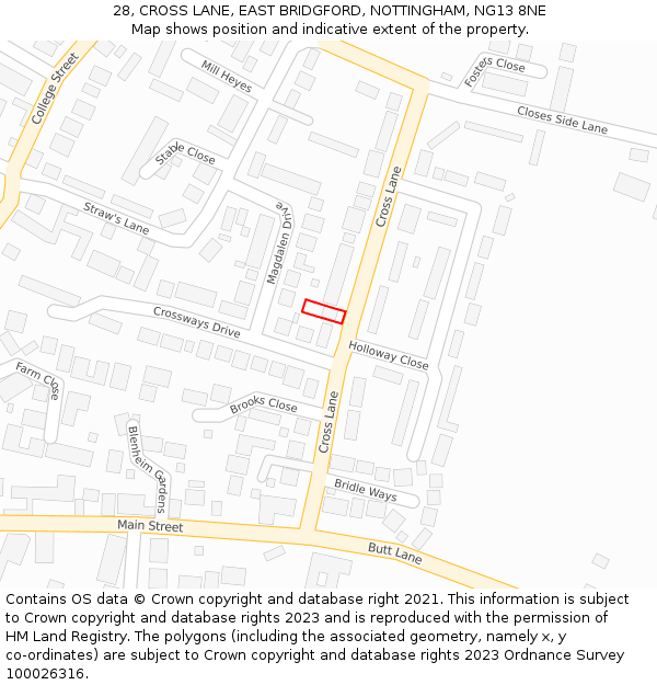 28, CROSS LANE, EAST BRIDGFORD, NOTTINGHAM, NG13 8NE: Location map and indicative extent of plot