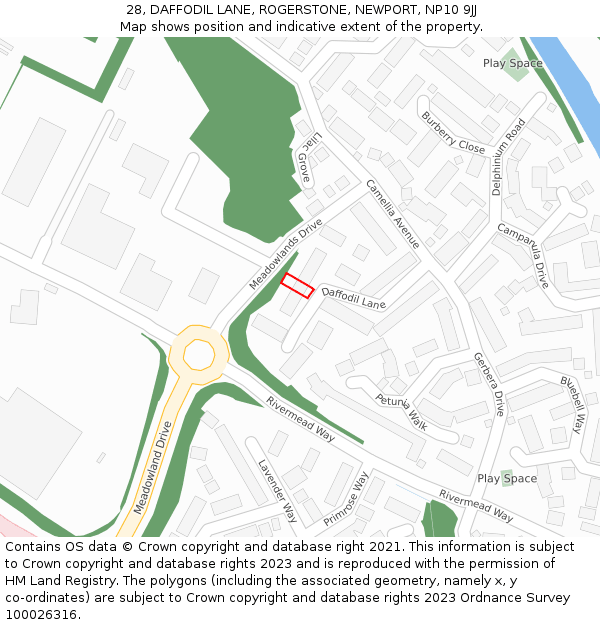 28, DAFFODIL LANE, ROGERSTONE, NEWPORT, NP10 9JJ: Location map and indicative extent of plot