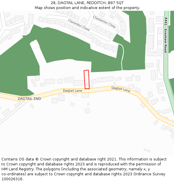 28, DAGTAIL LANE, REDDITCH, B97 5QT: Location map and indicative extent of plot