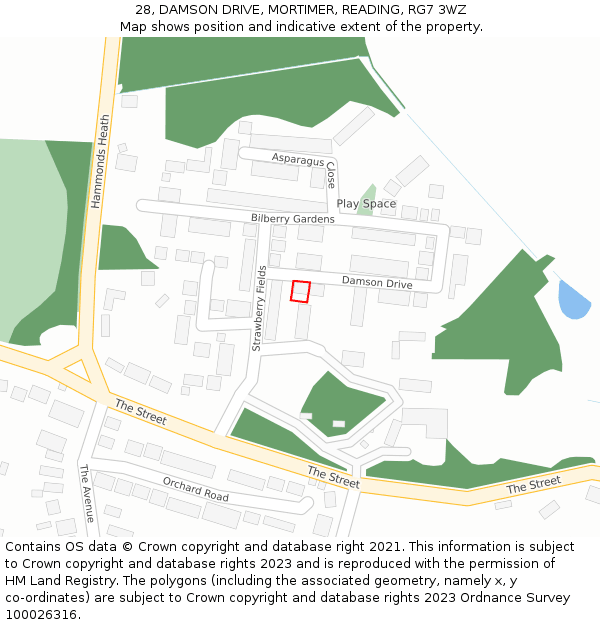 28, DAMSON DRIVE, MORTIMER, READING, RG7 3WZ: Location map and indicative extent of plot