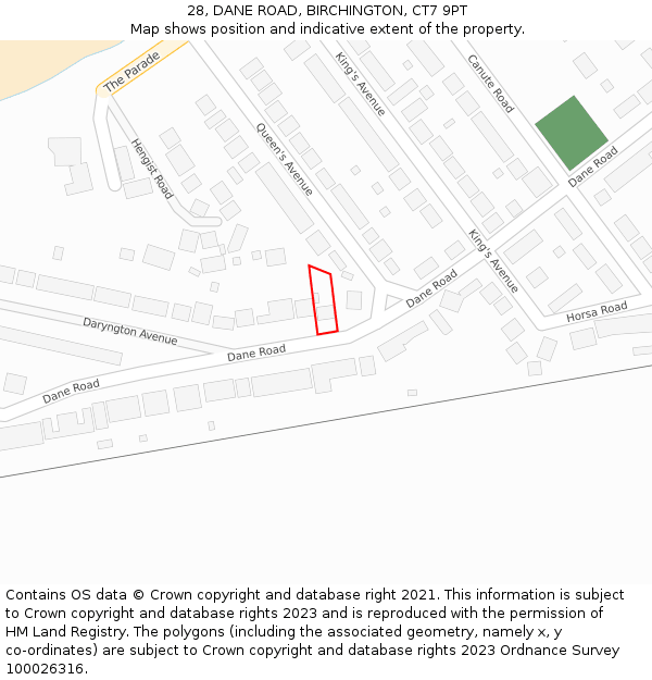 28, DANE ROAD, BIRCHINGTON, CT7 9PT: Location map and indicative extent of plot