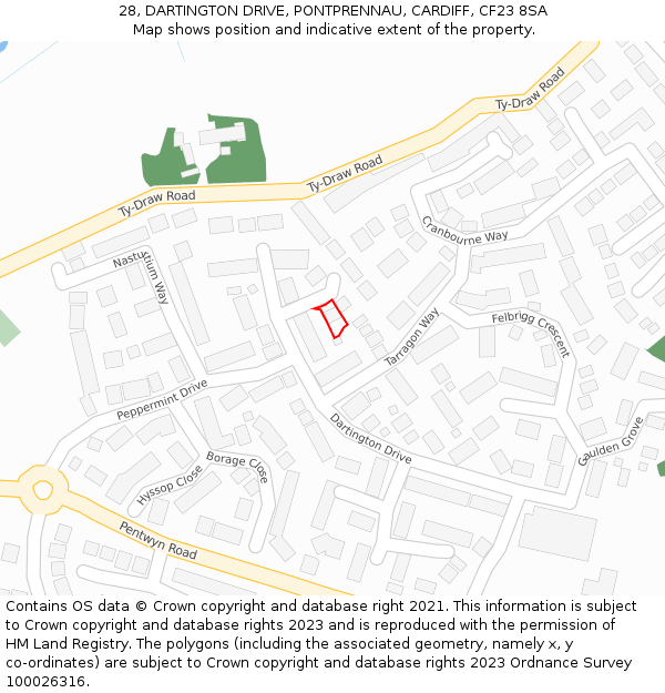 28, DARTINGTON DRIVE, PONTPRENNAU, CARDIFF, CF23 8SA: Location map and indicative extent of plot