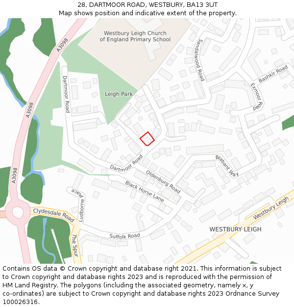 28, DARTMOOR ROAD, WESTBURY, BA13 3UT: Location map and indicative extent of plot