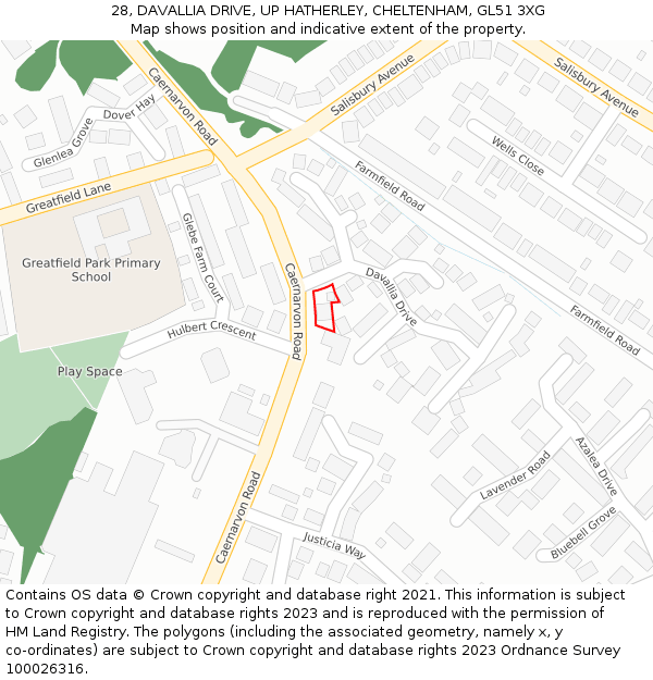 28, DAVALLIA DRIVE, UP HATHERLEY, CHELTENHAM, GL51 3XG: Location map and indicative extent of plot