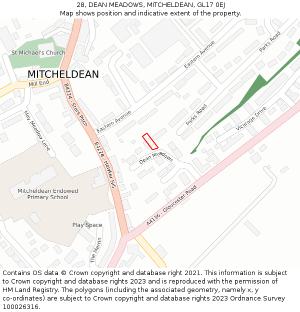 28, DEAN MEADOWS, MITCHELDEAN, GL17 0EJ: Location map and indicative extent of plot