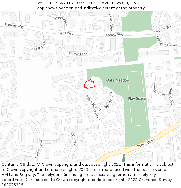 28, DEBEN VALLEY DRIVE, KESGRAVE, IPSWICH, IP5 2FB: Location map and indicative extent of plot