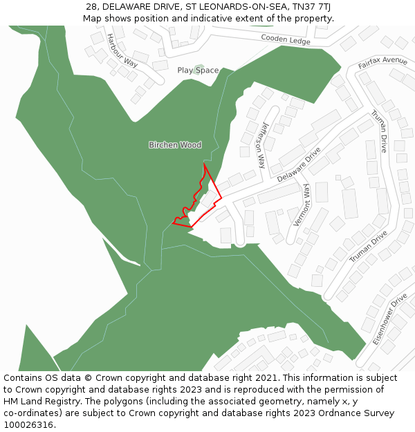 28, DELAWARE DRIVE, ST LEONARDS-ON-SEA, TN37 7TJ: Location map and indicative extent of plot