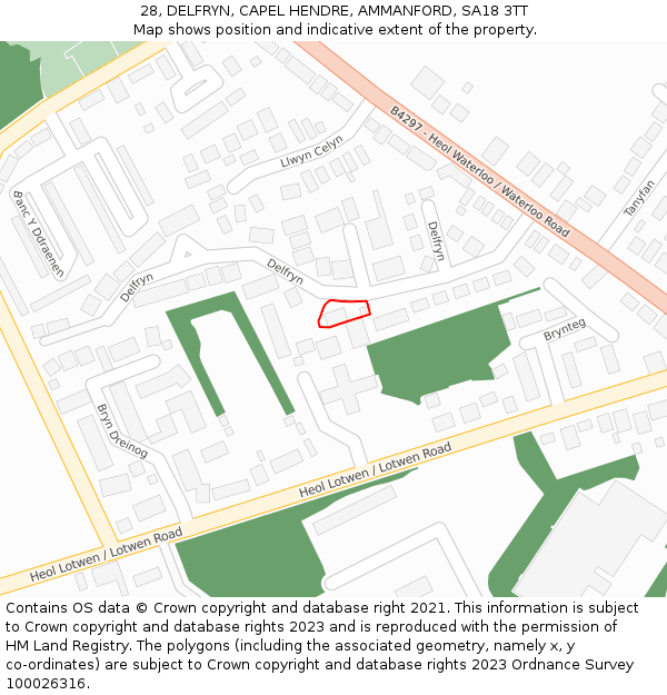 28, DELFRYN, CAPEL HENDRE, AMMANFORD, SA18 3TT: Location map and indicative extent of plot