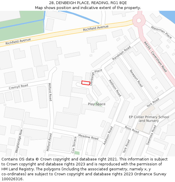 28, DENBEIGH PLACE, READING, RG1 8QE: Location map and indicative extent of plot