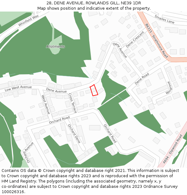 28, DENE AVENUE, ROWLANDS GILL, NE39 1DR: Location map and indicative extent of plot