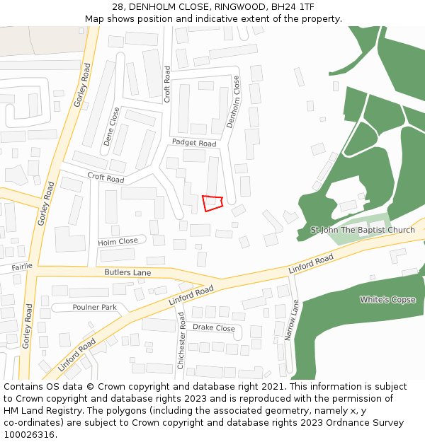 28, DENHOLM CLOSE, RINGWOOD, BH24 1TF: Location map and indicative extent of plot