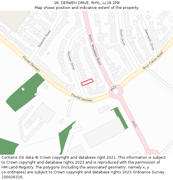 28, DERWEN DRIVE, RHYL, LL18 2PB: Location map and indicative extent of plot