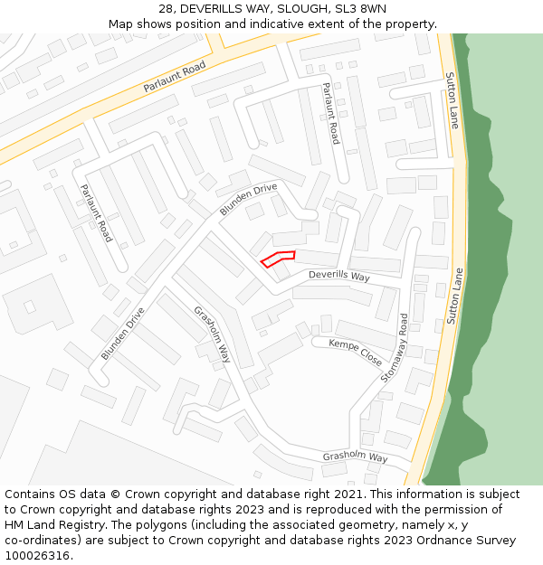 28, DEVERILLS WAY, SLOUGH, SL3 8WN: Location map and indicative extent of plot