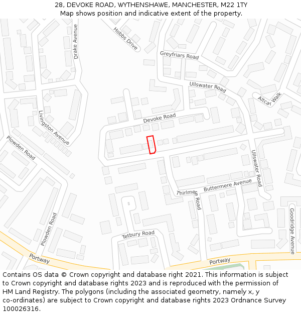 28, DEVOKE ROAD, WYTHENSHAWE, MANCHESTER, M22 1TY: Location map and indicative extent of plot