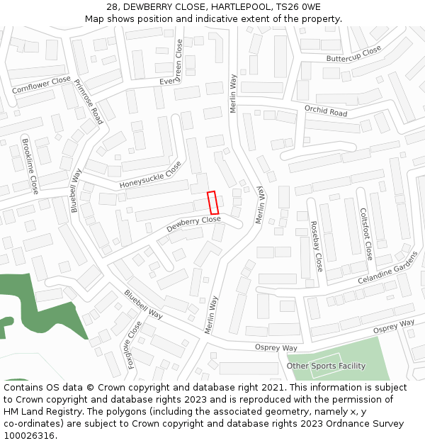 28, DEWBERRY CLOSE, HARTLEPOOL, TS26 0WE: Location map and indicative extent of plot